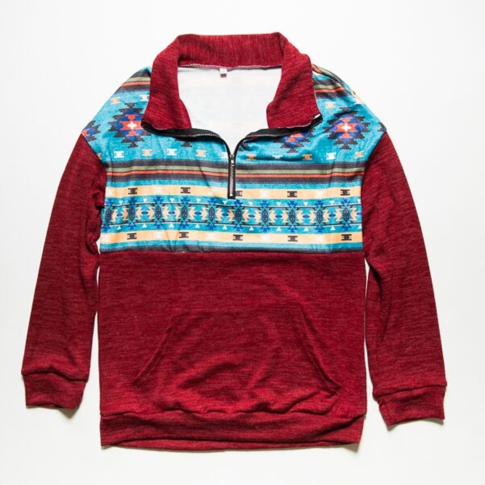 Aztec Print Pullover With Kangaroo Pocket